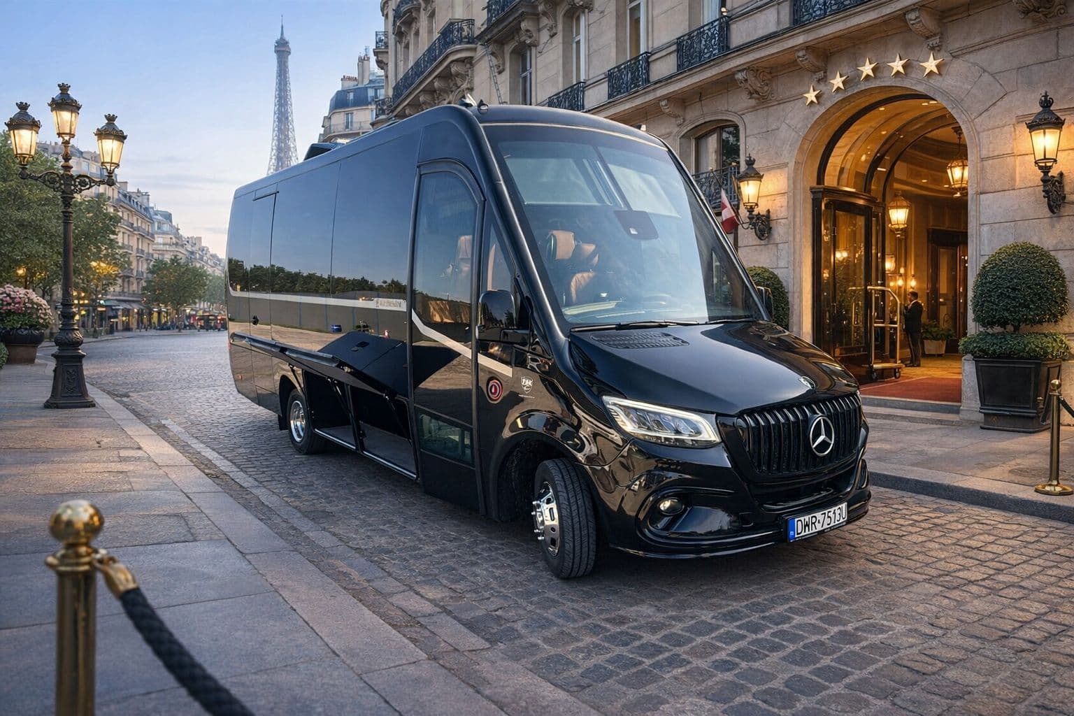 Minibus Mercedes Sprinter extra-long, trappes à bagages ouvertes