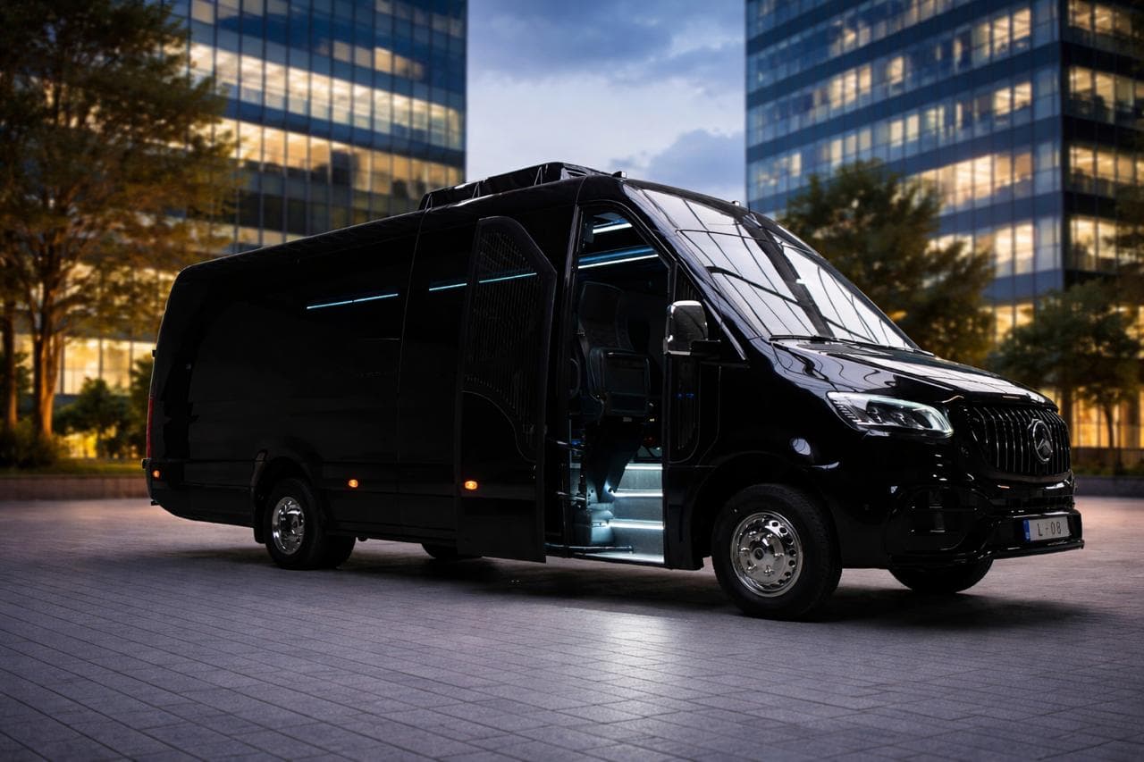 Minibus Mercedes Sprinter noir, porte latérale ouverte, devant un quartier d'affaires au crépuscule